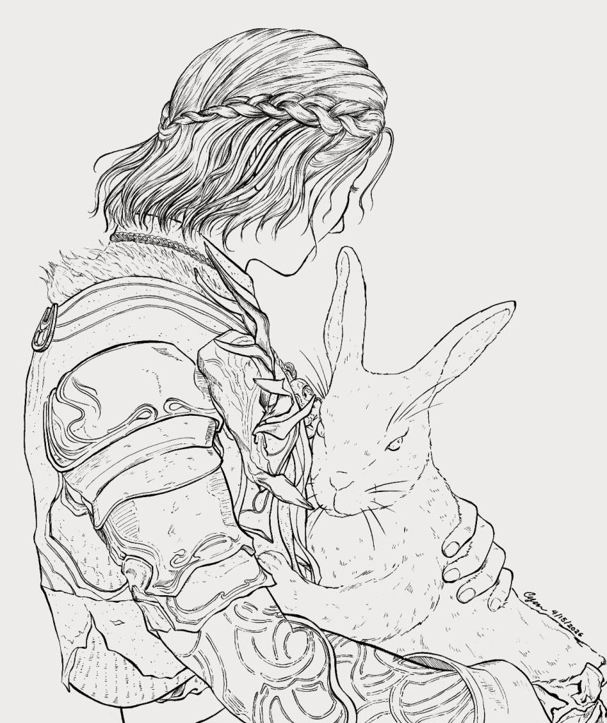 Inked drawing of the Envoy with a rabbit he rescued