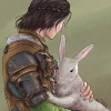 Hand inked line art and digital colors of Envoy and a bunny