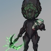 Chibi-style Warframe Stalker holding his signature weapon Enlightened Hate in his right hand and his baby Orion in his left arm.