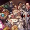 Post-dinner photo of a group of eight figures sitting in a booth. On the table are references to food and beverages (and sushi) that appear in Warframe: 1999.